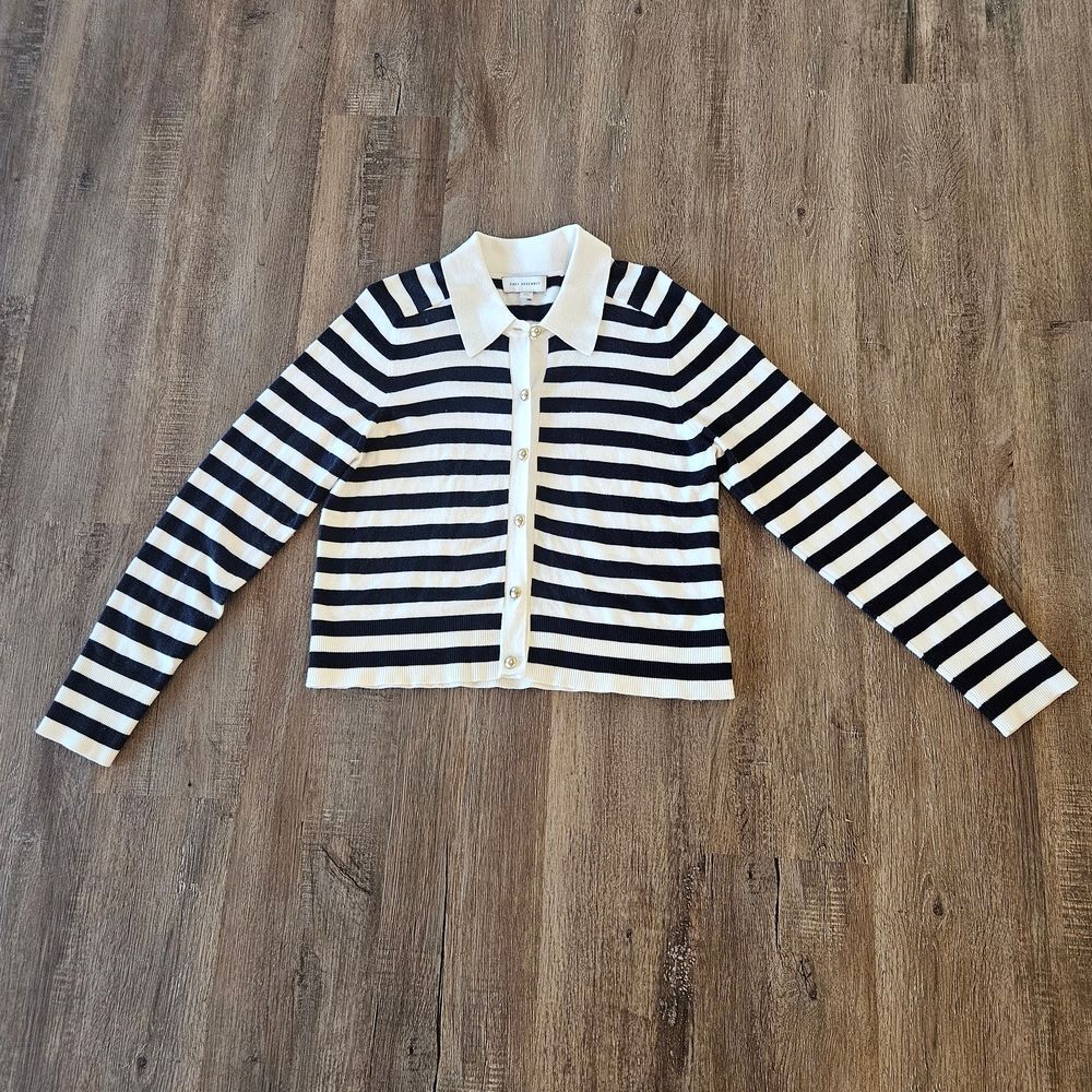 Free Assembly Cardigan Sweater Women Sz L Navy White Gold Buttons Nautical Chic